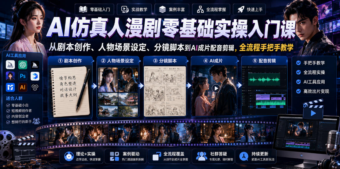 AI仿真人漫剧零基础实操入门课，从剧本创作、人物场景设定、分镜脚本到AI成片配音剪辑，全流程手把手教学-智云网