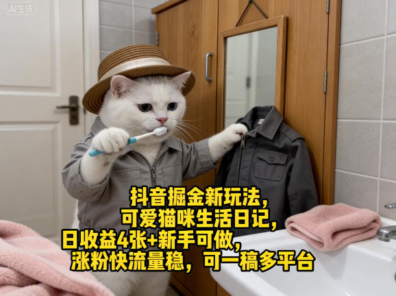 抖音掘金新玩法，可爱猫咪生活日记，日收益4张+新手可做，涨粉快流量稳，可一稿多平台-智云网