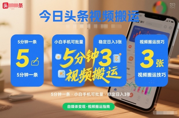 今日头条视频搬运，5分钟一条，小白手机可批量，稳定日入3张-智云网