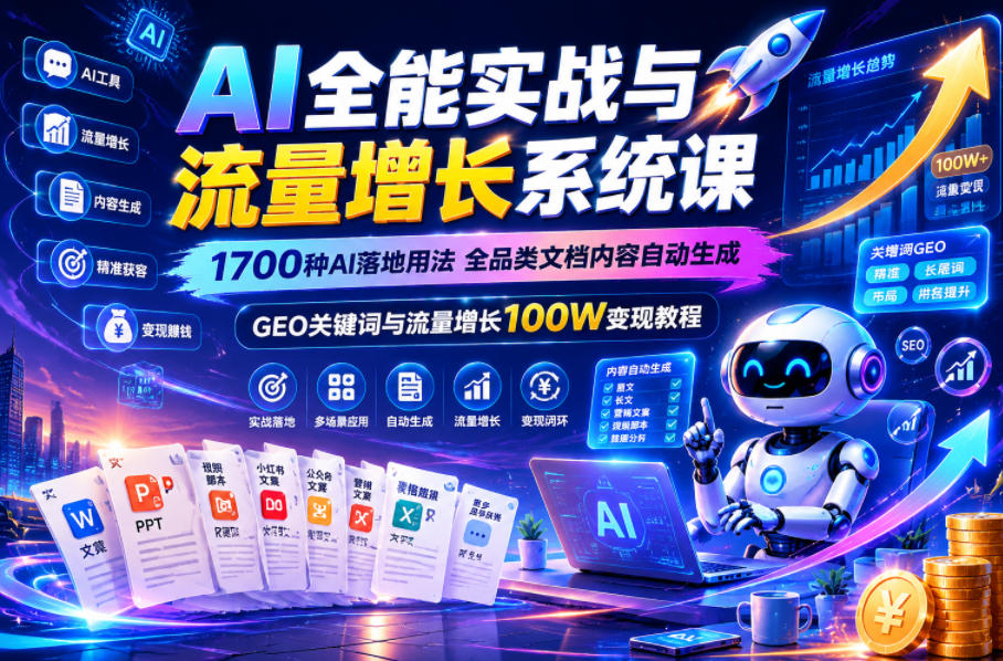 AI全能实战与流量增长系统课，1700种AI落地用法，全品类文档内容自动生成，GEO关键词与流量增长100W变现教程-智云网