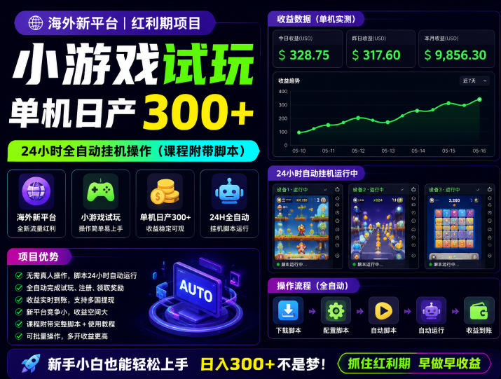 海外新平台，小游戏试玩，单机日产300+，24小时全自动挂G操作（课程附带脚本）【揭秘】-智云网