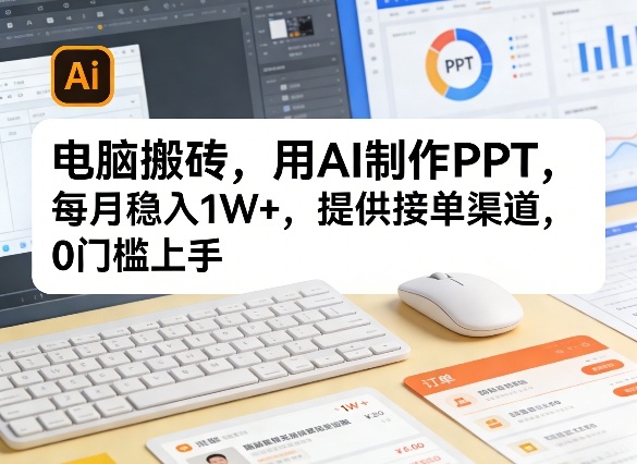 电脑搬砖，用AI制作PPT，每月稳入1W+，提供接单渠道，0门槛上手！