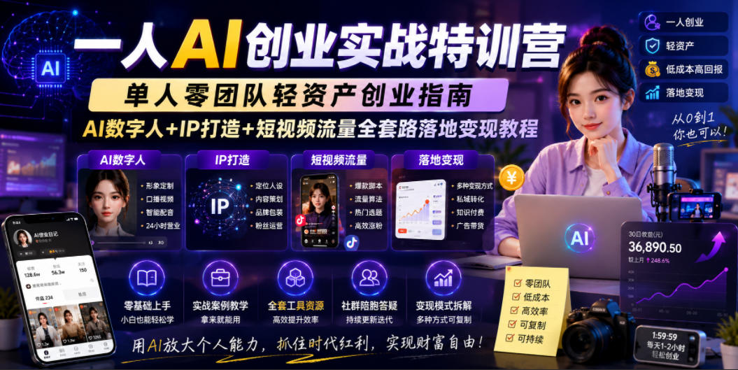 一人AI创业实战特训营，单人零团队轻资产创业指南，AI数字人+IP打造+短视频流量全套路落地变现教程-智云网