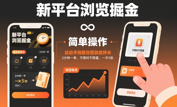 新平台浏览掘金，动动手指截张图就能挣米，2分钟一单，不限时不限量，一天5张【揭秘】-智云网