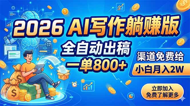（18885期）2026 AI写作躺赚版：全自动出稿，一单800+，渠道免费给，小白月入2W