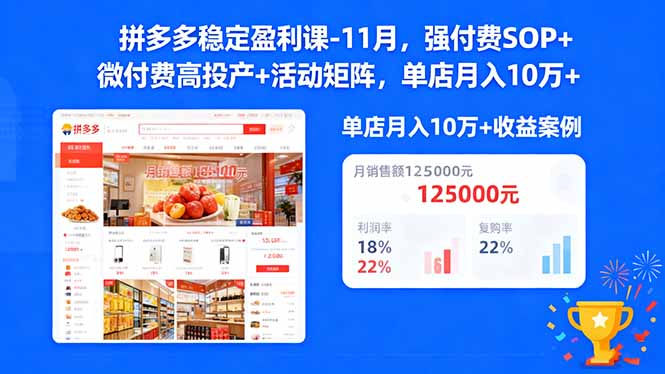 拼多多稳定盈利课-11月，强付费SOP+微付费高投产+活动矩阵，单店月入10w+-智云网