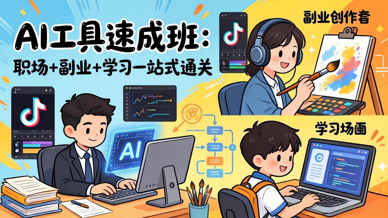 AI工具速成班：职场+副业+学习一站式通关，20+爆款类型+剪映技巧+抖音算法，0基础快速上手-智云网