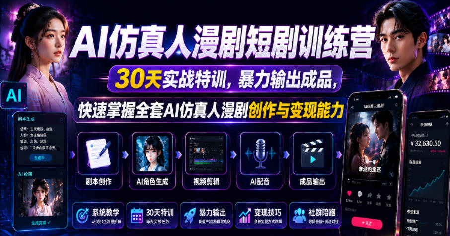 AI仿真人漫剧短剧训练营，30天实战特训，暴力输出成品，快速掌握全套AI仿真人漫剧创作与变现能力-智云网