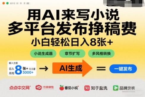 用AI来写小说，多平台发布挣稿费，小白轻松日入8张+，长期稳定项目