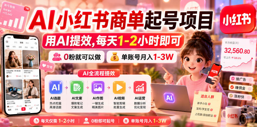AI小红书商单起号项目，用AI提效,每天1-2小时即可，0粉就可以做，单账号月入1-3W-智云网