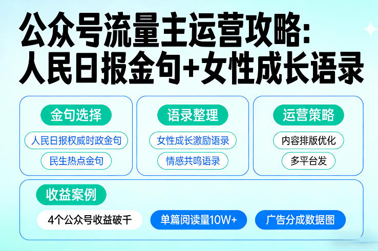 利用人民日报金句+女性成长语录做公众号流量主，4个公众号收益破千-智云网