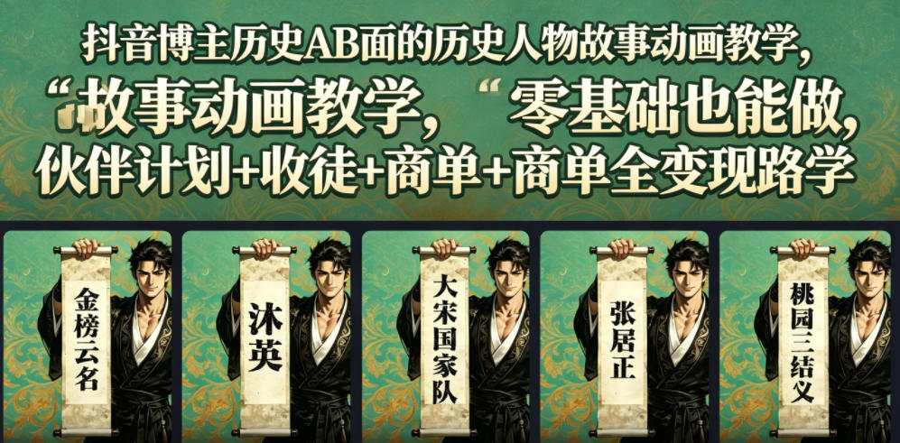 抖音博主历史AB面的历史人物故事动画教学,零基础也能做,伙伴计划+收徒+商单全变现路径教学-智云网