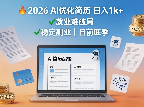 2026用AI优化简历日入1k+就业难，目前旺季，稳定副业